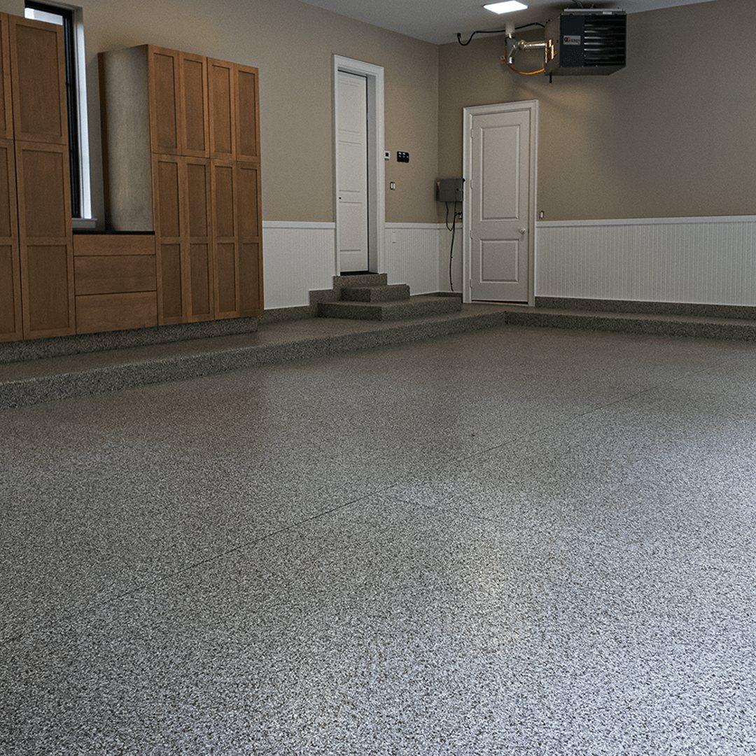 Same garage after gray flake coating, one day install